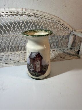 Rustic Farmhouse Outhouse Vase Ceramic Crock Country Decor Hand Painted Style